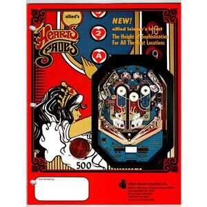 Hearts Spades Pinball Flyer Original Retro Cocktail Table Allied Leisure 1978